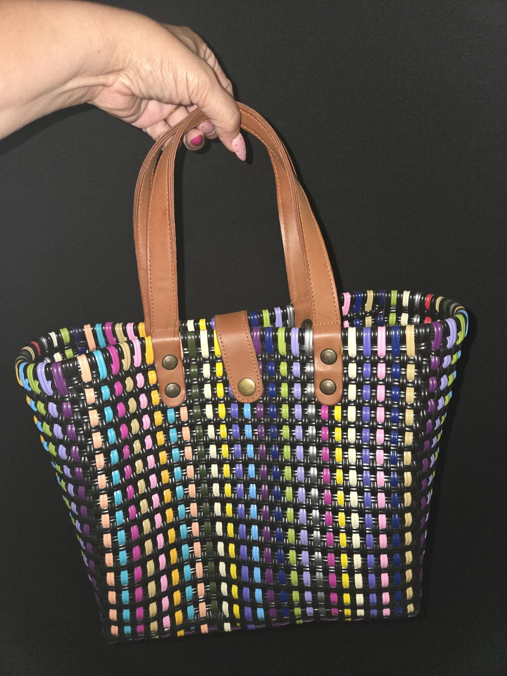 Multicolor Woven Tote Bag with Leather Handles